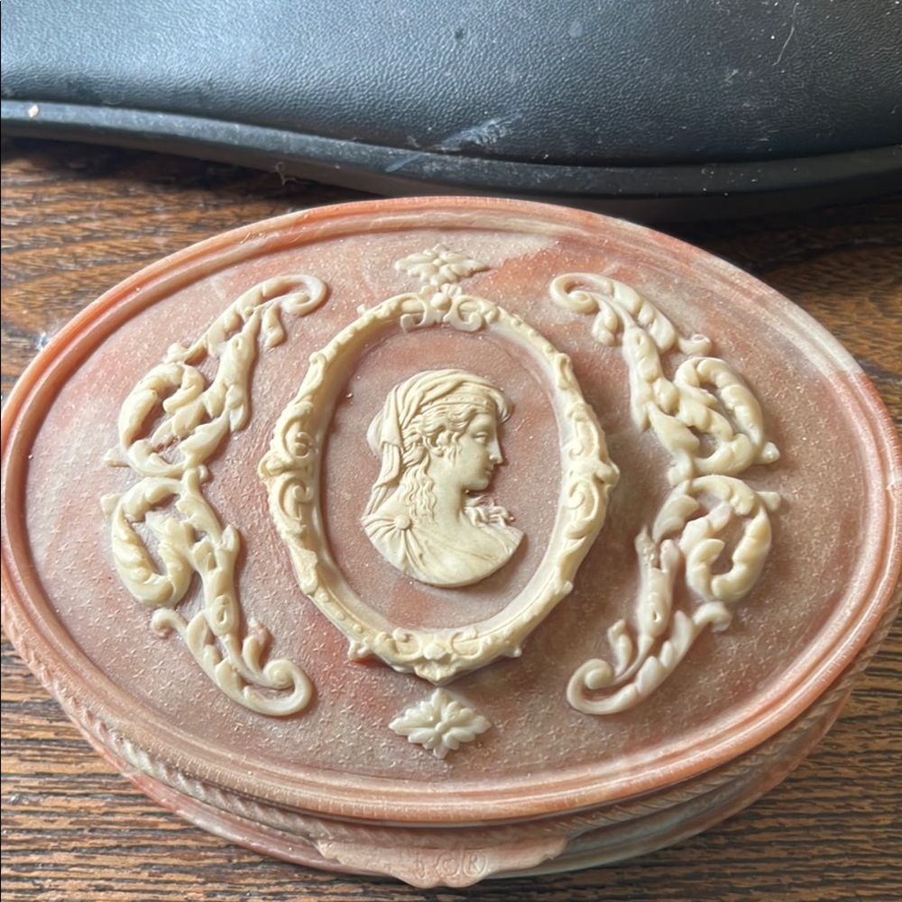 Vintage Cameo Jewelry Box Incolay Stone Pink Cameo Oval Velvet Lining Rare